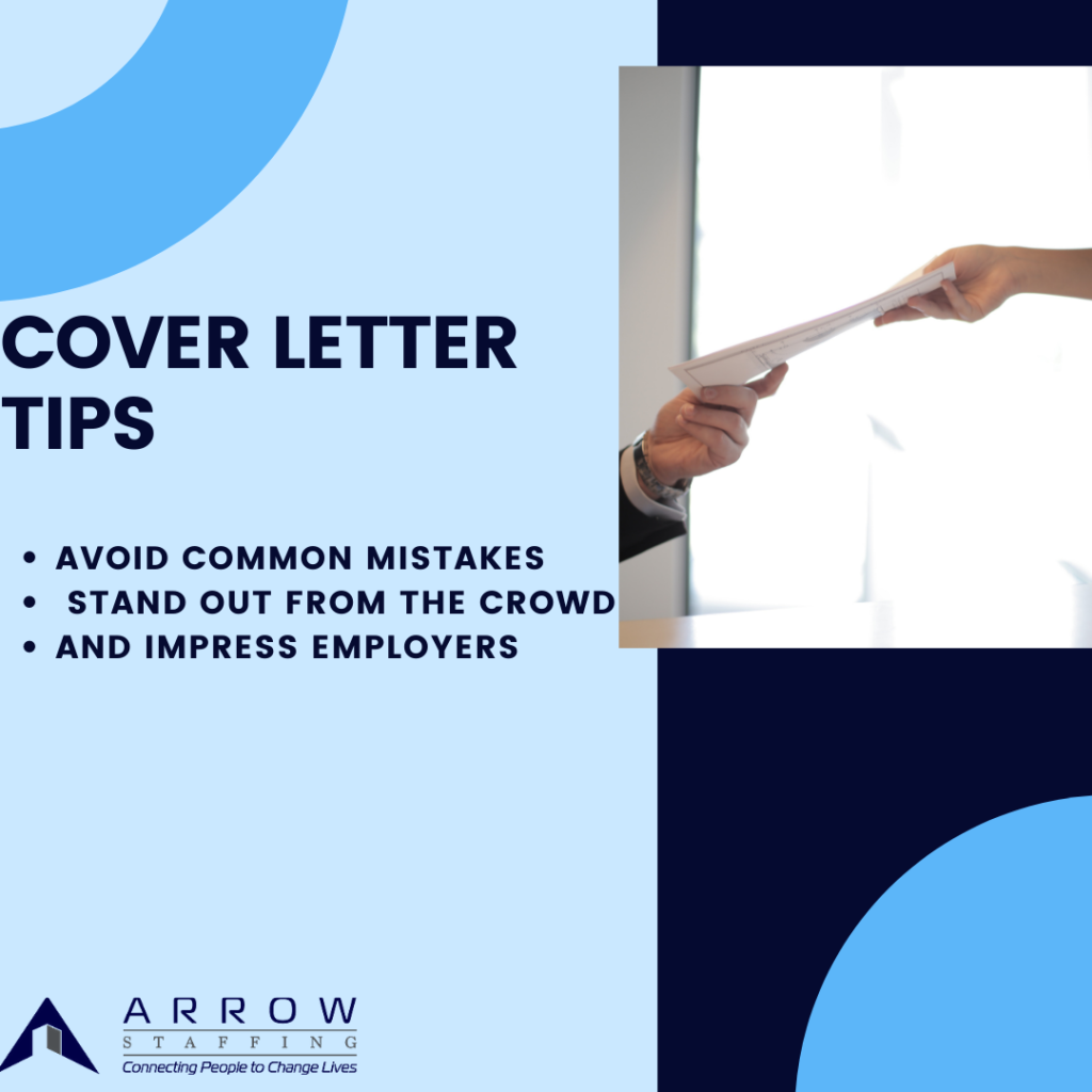 Blue and Purple Graphic. Text reads "Cover Letter Tips". Image of two hands holding a resume.