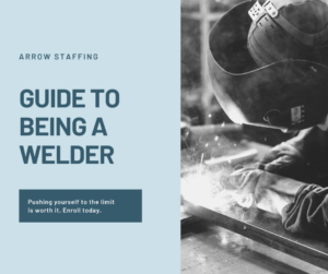 Blue text reads "Guide to Becoming a Welder" Image of welder